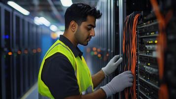 Technician working on server rack with cables in a data center photo