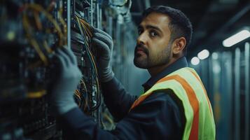 Technician in a Data Center Working on Server Racks photo