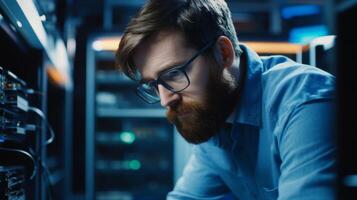 Bearded Man in Glasses Inspecting Server Rack in Data Center photo