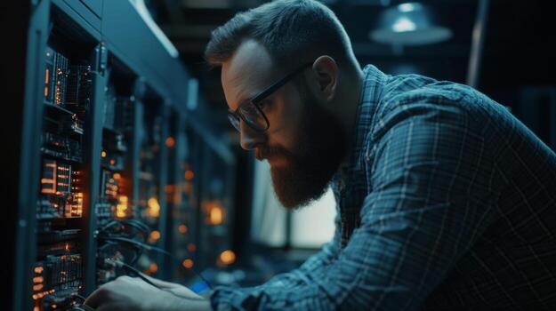 Bearded man in glasses working on a server rack in a dark room photo