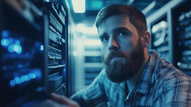 Bearded Man Working on Server Rack in Data Center photo