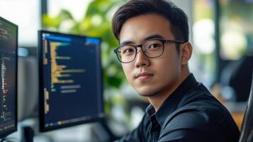 Close-up Portrait of a Young Man in Glasses Working on a Computer photo