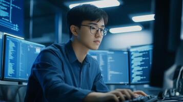 A young man in a blue shirt, wearing glasses, sits in front of a computer, working on a project. photo