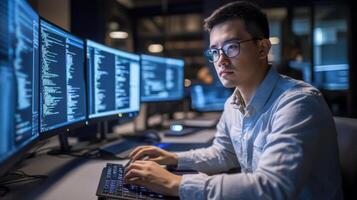 Man in Glasses Focused on Coding on Multiple Monitors photo