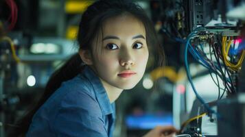Young Woman Working on Complex Electronics with Wires photo