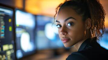Woman with Curly Hair Looking Away from Computer Screen photo