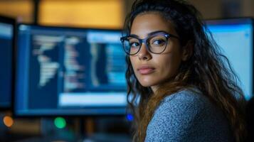 A Woman with Glasses Looking at a Computer Screen photo