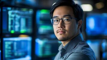 A Close-Up Portrait of a Man Wearing Glasses in a Tech-Filled Room photo