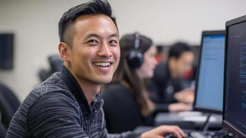 A Smiling Man Uses a Computer in a Modern Office photo