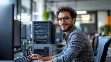 Man Smiling While Working on a Computer in an Office photo