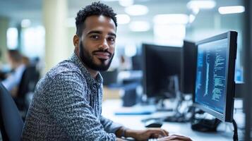 A Man With a Beard Smiles as He Works at a Computer in an Office photo
