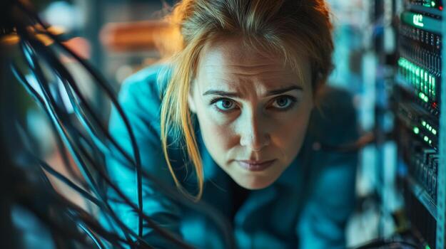 Close-up Portrait of a Woman Working on Server Racks with Cables in Foreground photo