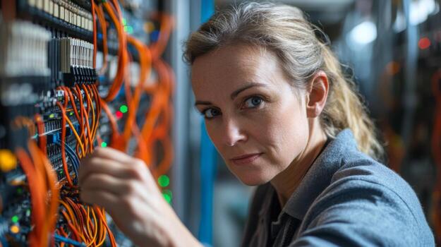 A Woman Works on Network Cables in a Data Center photo