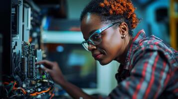 A woman with orange highlights in her hair works on computer hardware photo