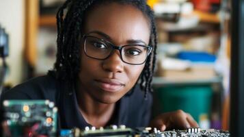 A Woman in Glasses Focused on a Circuit Board photo