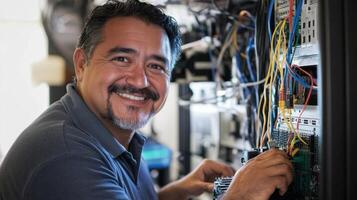 A Smiling Man Works on Complex Electronics with Wires photo