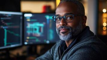 A Focused Man with Glasses Looking at a Computer Screen photo