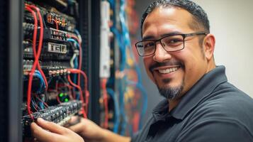 A Technician Working on a Server Rack with Red and Blue Wires photo