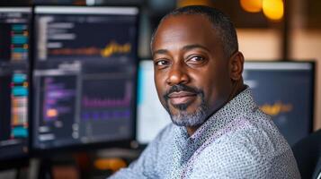 A Man Looking Directly At The Camera In Front Of Computer Monitors photo