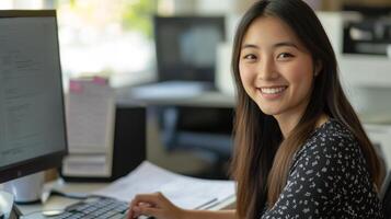 A smiling woman working at a computer in an office photo