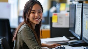 Smiling Young Woman Working at a Computer in an Office photo