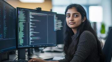 Young Woman Working at Computer with Code on Screen photo