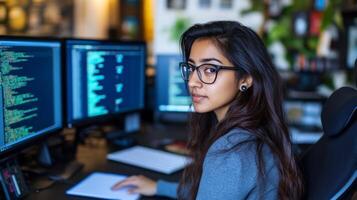 Young Woman Coding in Front of Two Computer Monitors photo