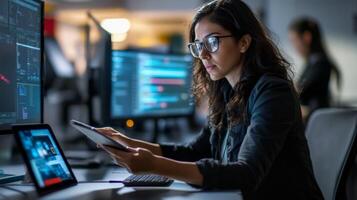 Woman Working on a Computer with a Tablet in Hand photo