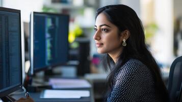 Woman with long black hair in a work environment, looking away from the camera, with computer monitors in the background. photo