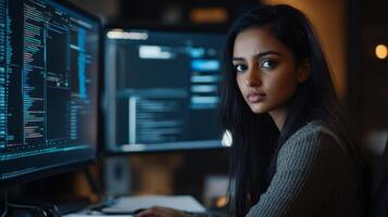 Woman Looking At Camera While Coding on Computer photo
