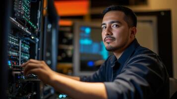 A Man Working on a Server Rack in a Data Center photo