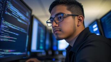A young man in glasses stares intently at computer code displayed on a monitor. photo
