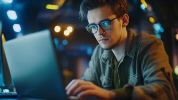 Young man wearing glasses working on a laptop in a dimly lit room. photo
