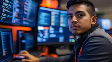 Young Man Looking Over Shoulder at Computer Monitors with Code photo