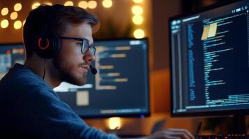 A Man Wearing Headphones Focuses on Code on His Computer Screen photo