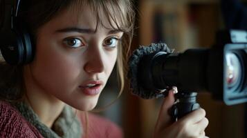 A Young Woman with Headphones Looks at a Camera Lens photo