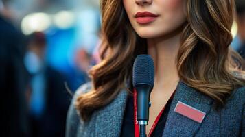 Woman with Microphone and Name Tag at a Conference photo