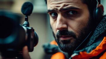 Close-up Portrait of a Bearded Man with a Microphone and Headphones photo