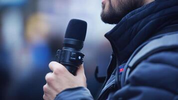 Man Holding a Microphone in a Crowd of People photo