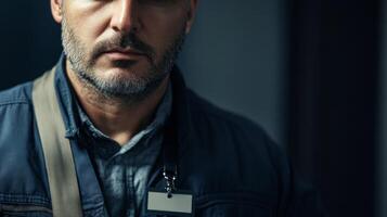 Close-up of a Man's Face with a Blank Name Tag photo
