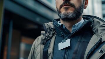 Close-up of a Man's Beard, Jacket, and Blank Name Tag photo