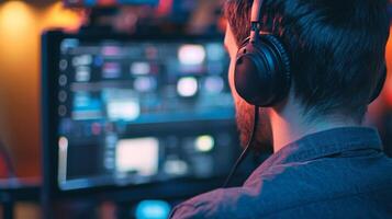 A Man Wearing Headphones Looking at a Computer Screen photo