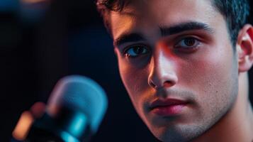 Close-up of a man's face with a microphone in the foreground photo