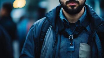 Close-up of a Man Wearing a Blue Jacket with a Lanyard and ID Card photo
