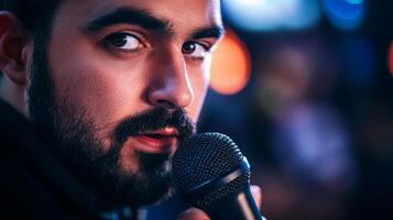Close-up of a Man Singing into a Microphone in a Dark Room with Bokeh Lights photo