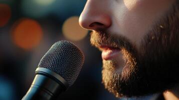 A Man with a Beard Singing into a Microphone photo