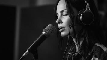 Female Singer with Headphones and Microphone in Recording Studio photo