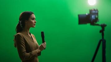 A Young Woman Holding a Microphone in Front of a Green Screen photo