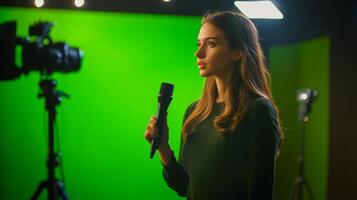 Woman Holding a Microphone in Front of a Green Screen photo