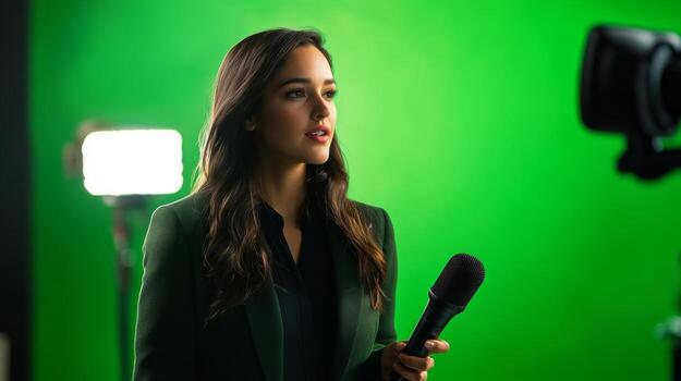 A woman in a green blazer holds a microphone in front of a green screen photo